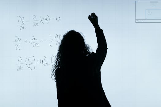 A silhouette of a woman writing mathematical equations on a large whiteboard, representing education and analysis.